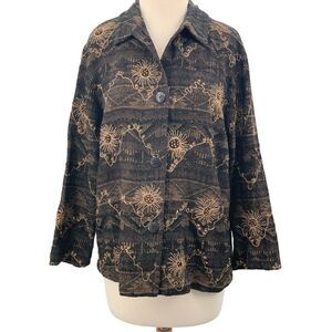 Chico's Design LS Button Front Silk Blend Jacket Black/Tan Beaded Embroidered M‎